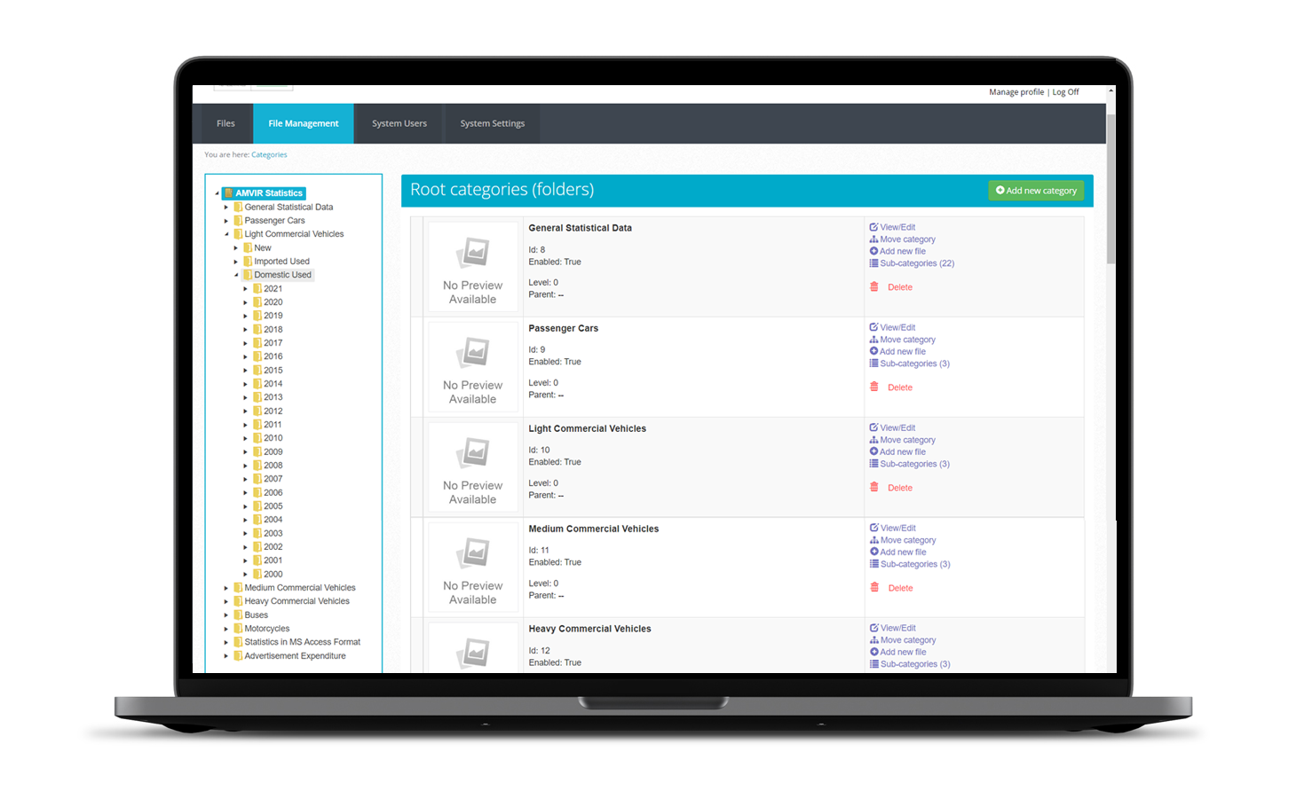 File management. For the navigation between categories and files we selected the familiar to most users tree structure.  AUTOMOTIVE