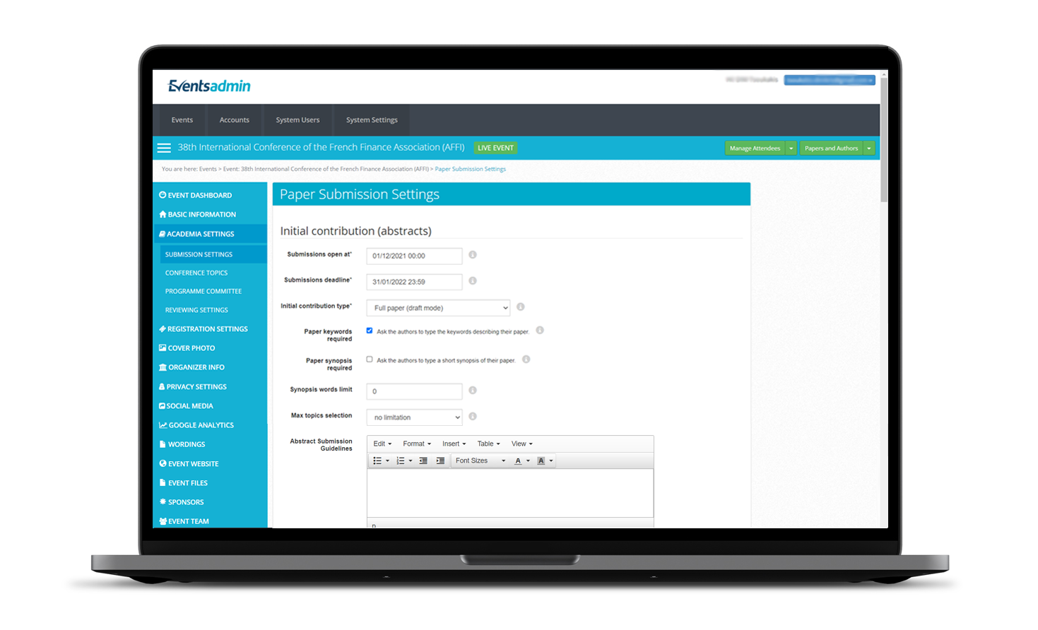 Paper submission settings EVENT MANAGEMENT