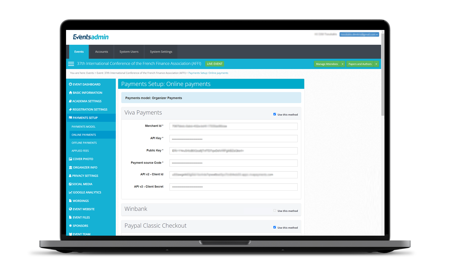 Payments setup EVENT MANAGEMENT